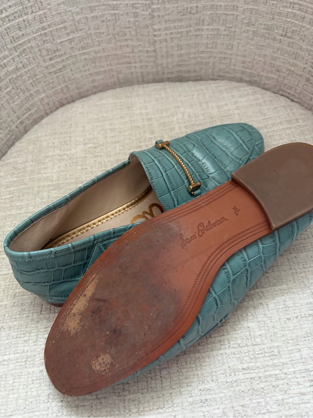 Sam Edelman Women's Croc-Embossed Loafers in Light Teal with Gold Bit - Picture 5 of 6